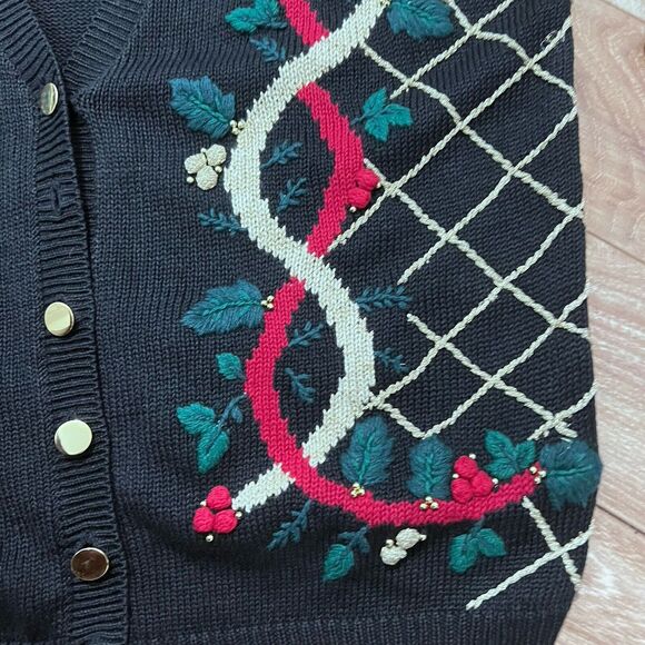 Dressbarn Christmas Cardigan Sweater Size 18/20 Black Mistletoe Embroidered - Picture 7 of 7